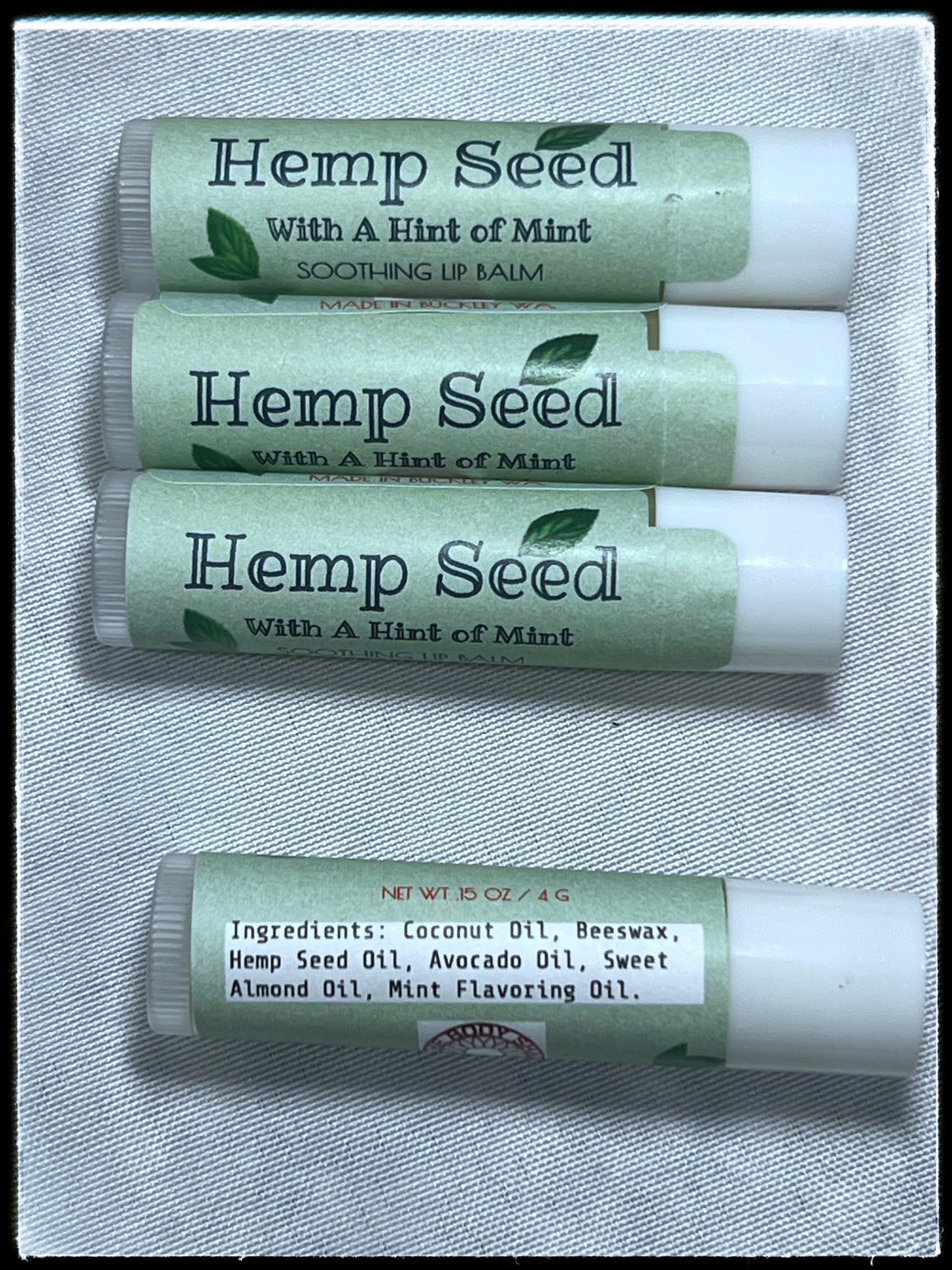 Hemp Seed Soothing Lip Balm with a Hint of Mint.